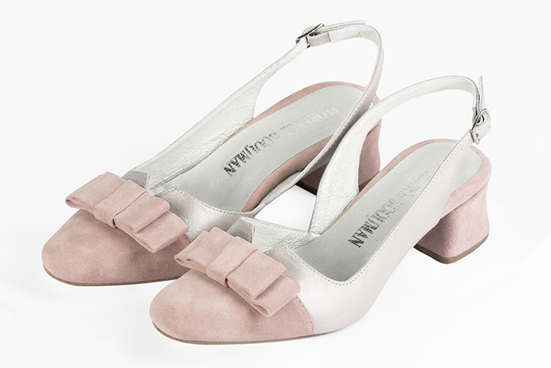 Powder pink and pure white women's open back shoes, with a knot. Round toe. Low flare heels. Front view - Florence KOOIJMAN